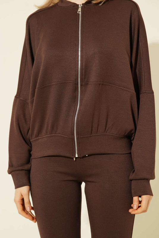 Ensemble double Loyşa avec cardigan à manches chauve-souris, couleur café