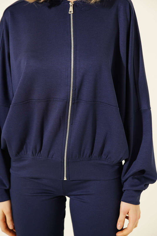 Two-Piece Set with Batwing Sleeve Cardigan Loyşa Navy Blue