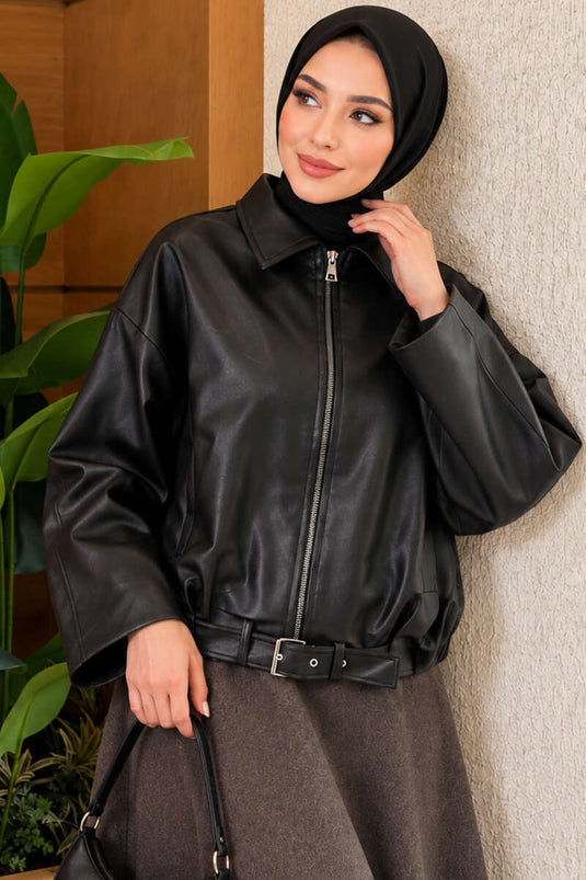Schwarze Lederjacke Mit Fledermausärmeln Und Gürtel-Details