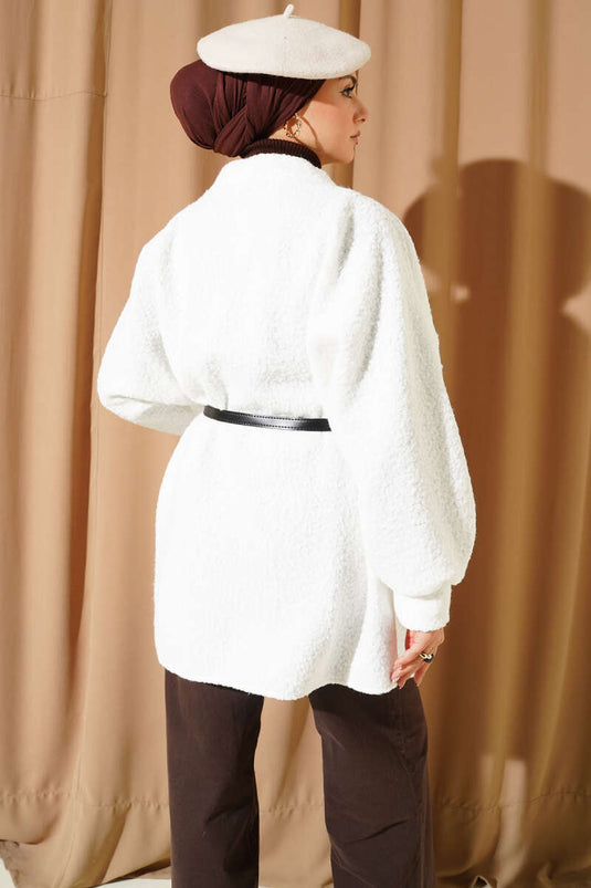 Batwing Sleeve Belted Boucle Jacket White