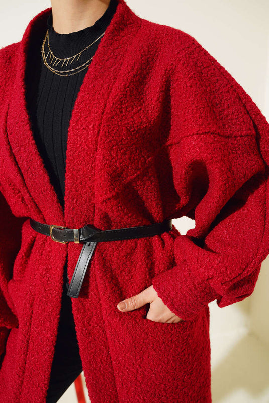 Yarasa Kol Kemerli Buklet Ceket Bordo