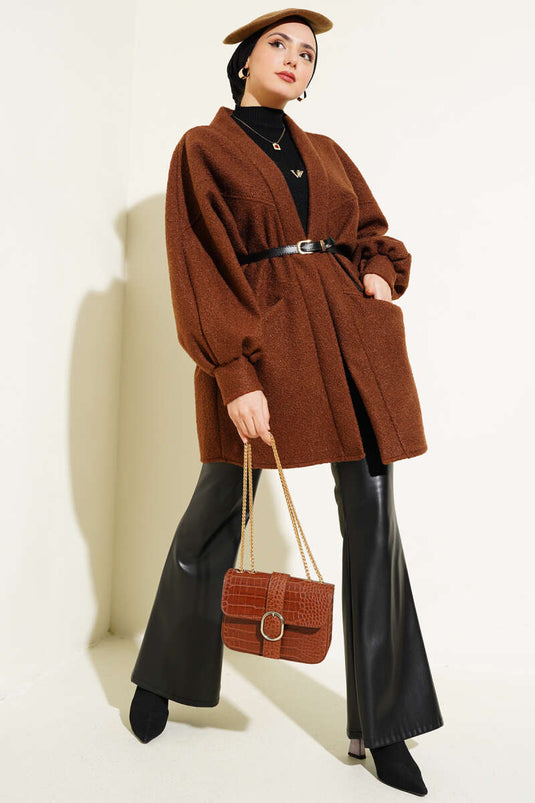 Batwing Sleeve Belted Boucle Jacket Brown