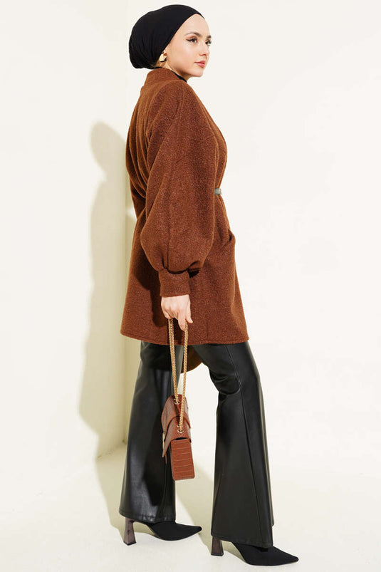 Batwing Sleeve Belted Boucle Jacket Brown