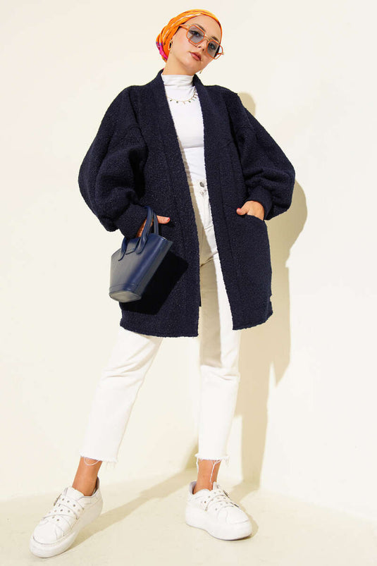 Batwing Sleeve Belted Boucle Jacket Navy Blue