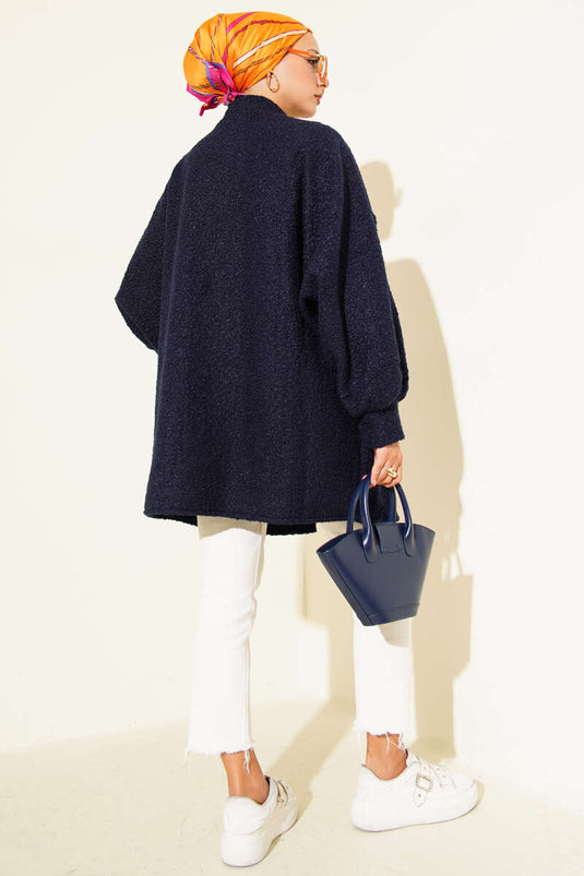 Batwing Sleeve Belted Boucle Jacket Navy Blue