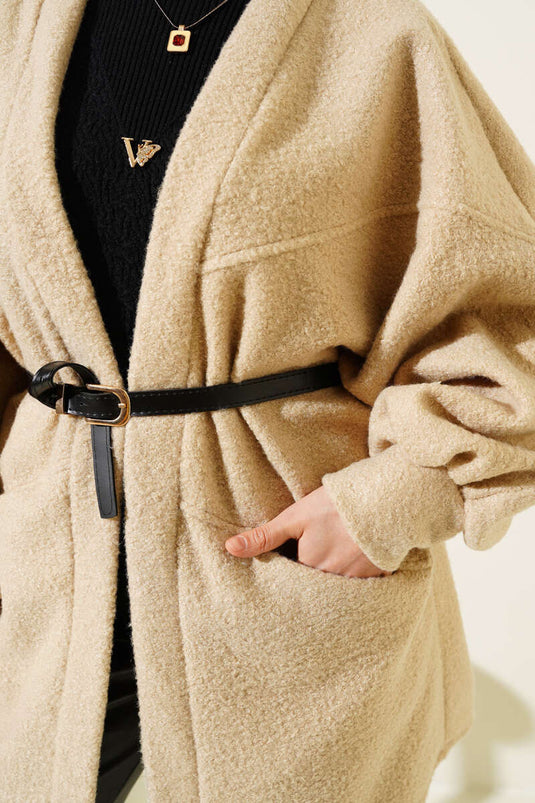 Batwing Sleeve Belted Boucle Jacket Latte