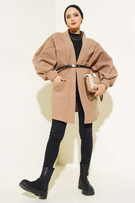 Bat Sleeve Belted Boucle Jacket Mink