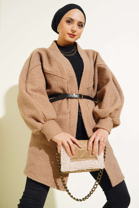 Bat Sleeve Belted Boucle Jacket Mink