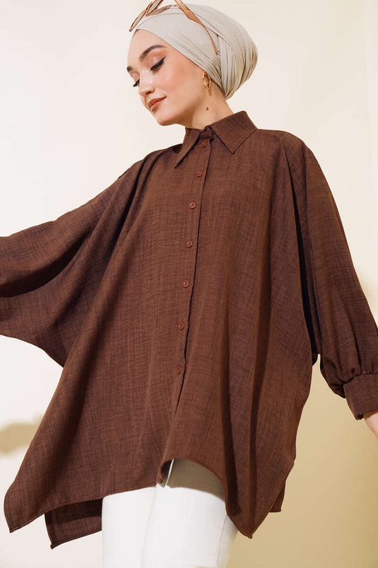 Yarasa Kol Keten Gömlek Kahve