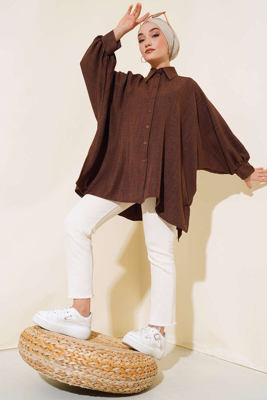 Yarasa Kol Keten Gömlek Kahve