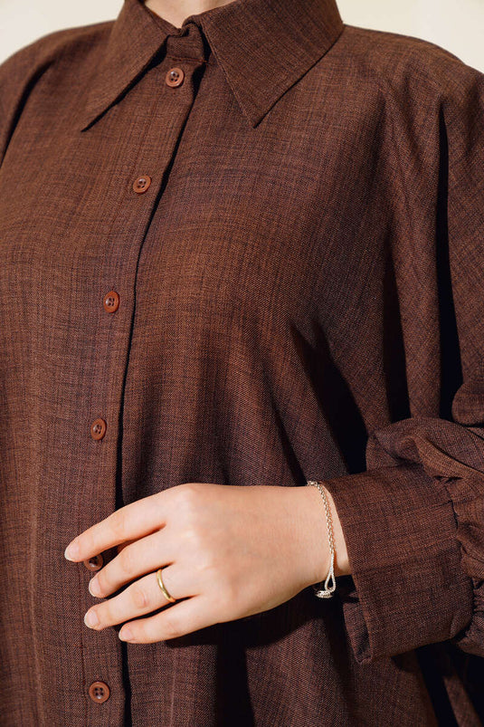 Yarasa Kol Keten Gömlek Kahve