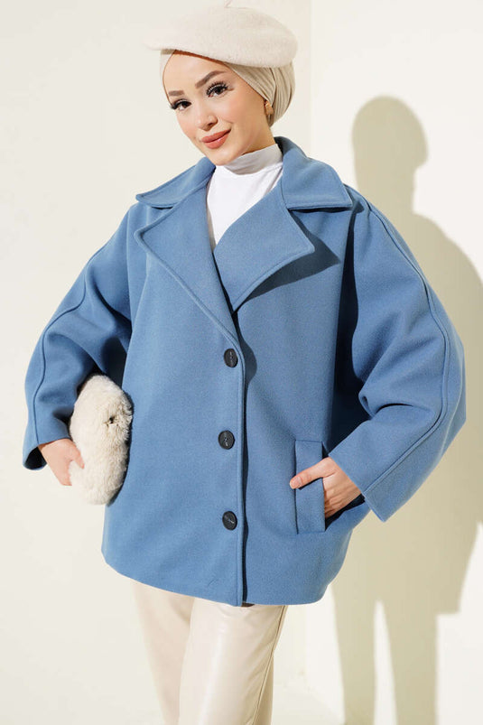 Yarasa Kol Kısa Kaşe Kaban İndigo