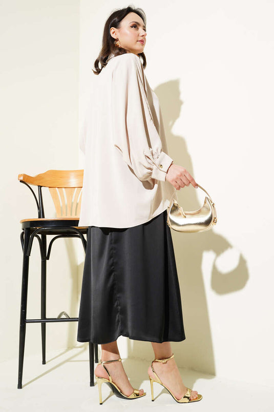 Yarasa Kol Kolyeli Oversize Gömlek Bej