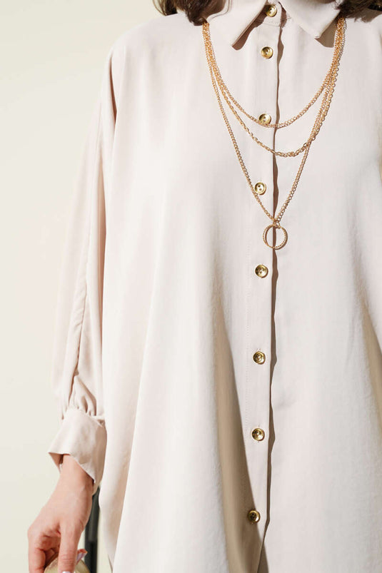 Yarasa Kol Kolyeli Oversize Gömlek Bej