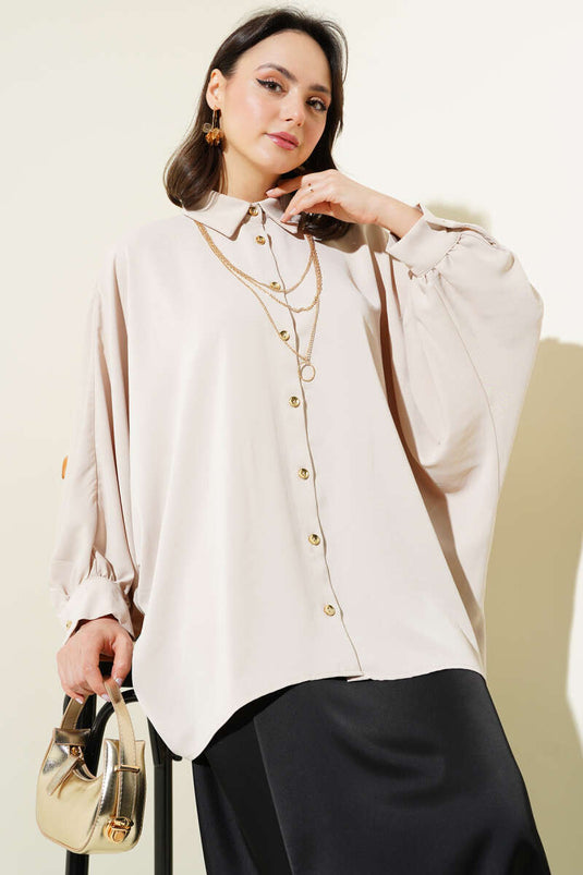 Yarasa Kol Kolyeli Oversize Gömlek Bej