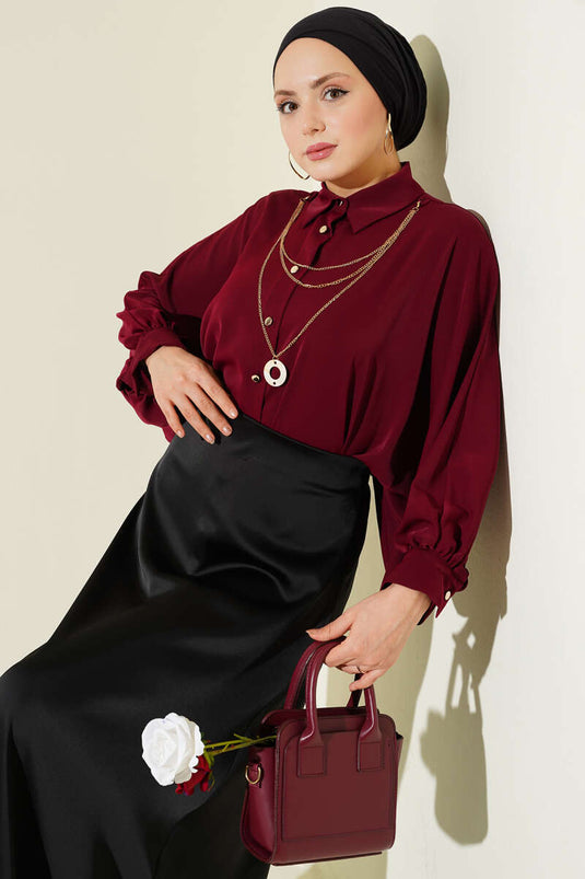 Yarasa Kol Kolyeli Oversize Gömlek Bordo