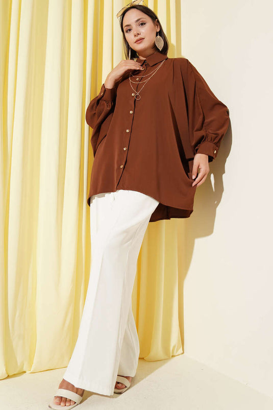 Chemise oversize à manches chauve-souris avec collier, couleur café