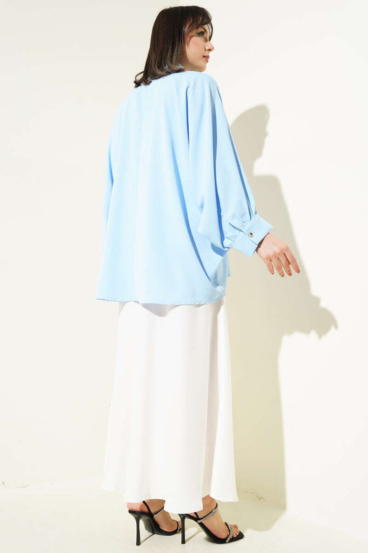 Batwing Sleeve Oversized Shirt with Necklace Blue