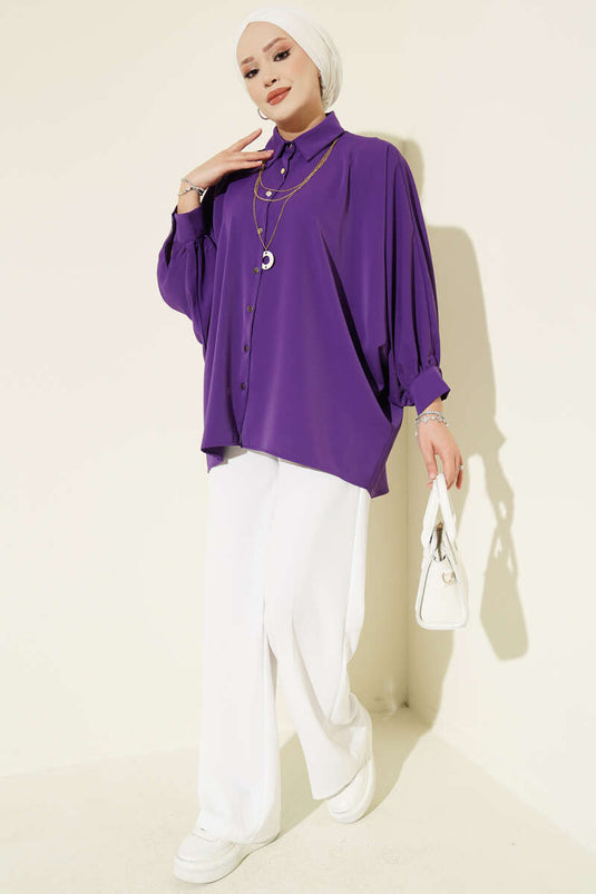Camicia Oversize Viola Con Maniche Batwing E Decorazioni