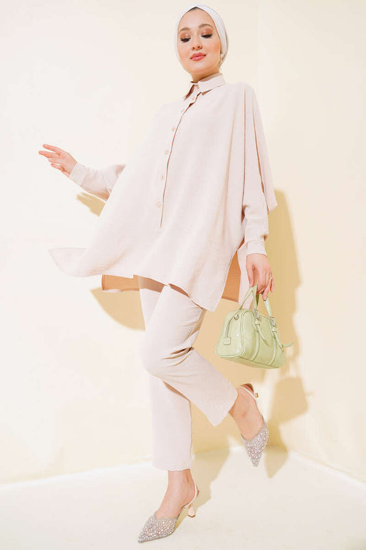 Yarasa Kol Önü Düğmeli İkili Takım Bej