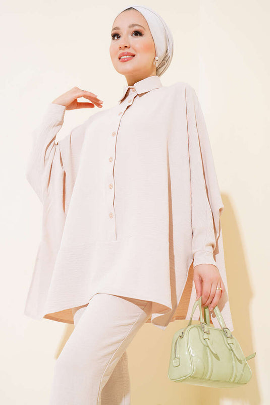 Yarasa Kol Önü Düğmeli İkili Takım Bej