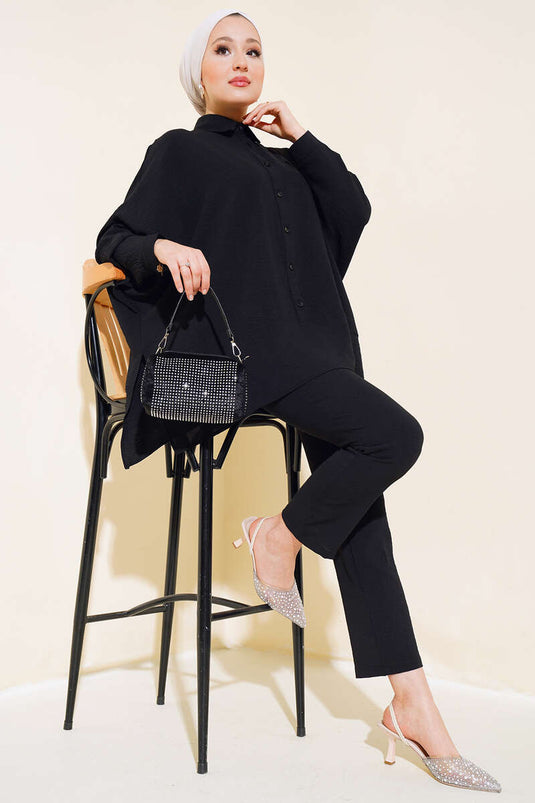 Yarasa Kol Önü Düğmeli İkili Takım Siyah