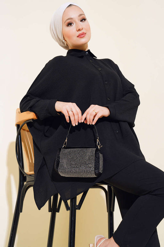 Yarasa Kol Önü Düğmeli İkili Takım Siyah