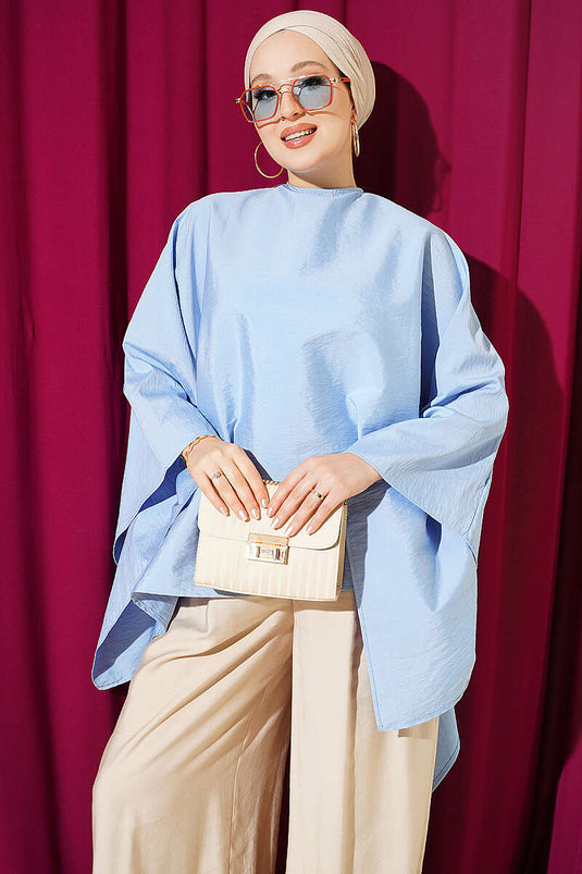 Yarasa Kol Oversize Bluz Mavi