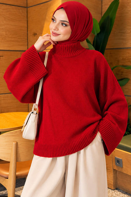 Yarasa Kol Oversize Triko Tunik Kırmızı