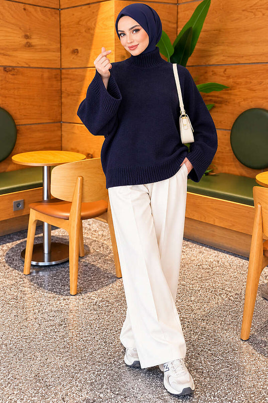 Yarasa Kol Oversize Triko Tunik Lacivert