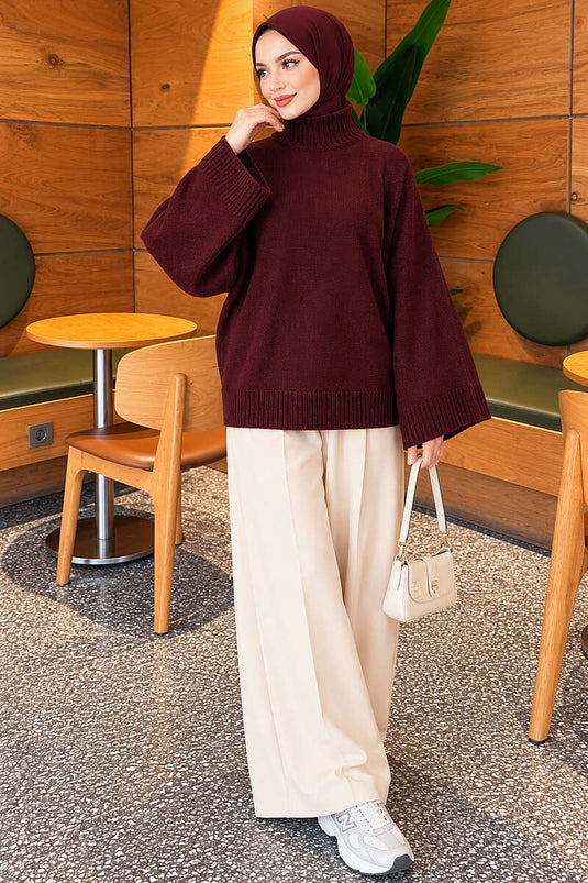 Yarasa Kol Oversize Triko Tunik Mürdüm