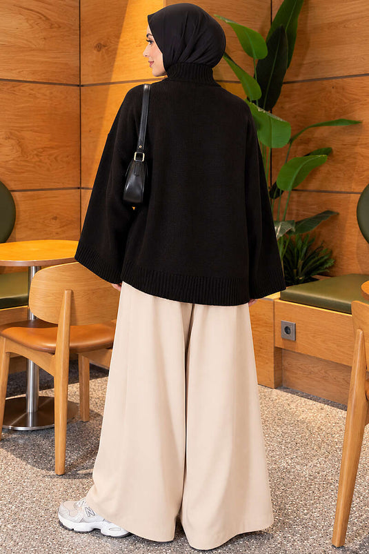 Yarasa Kol Oversize Triko Tunik Siyah