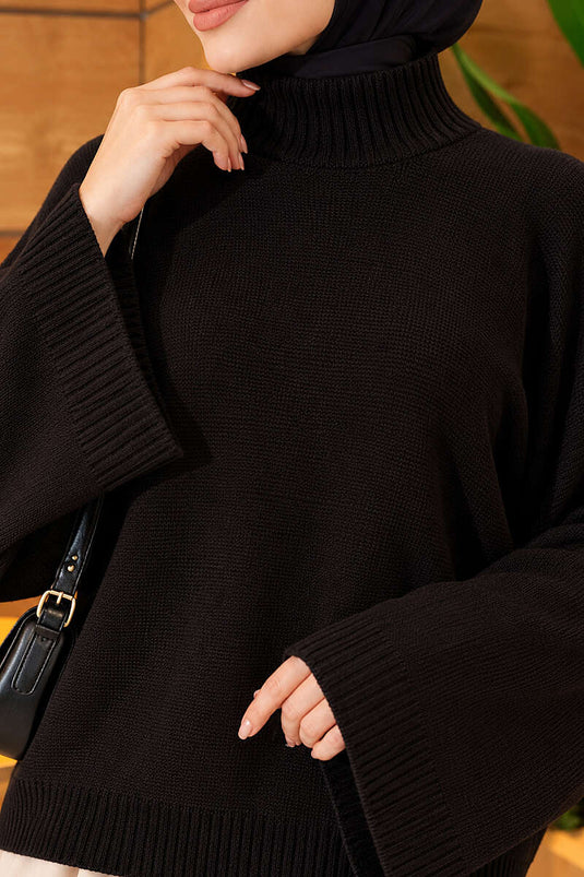 Yarasa Kol Oversize Triko Tunik Siyah