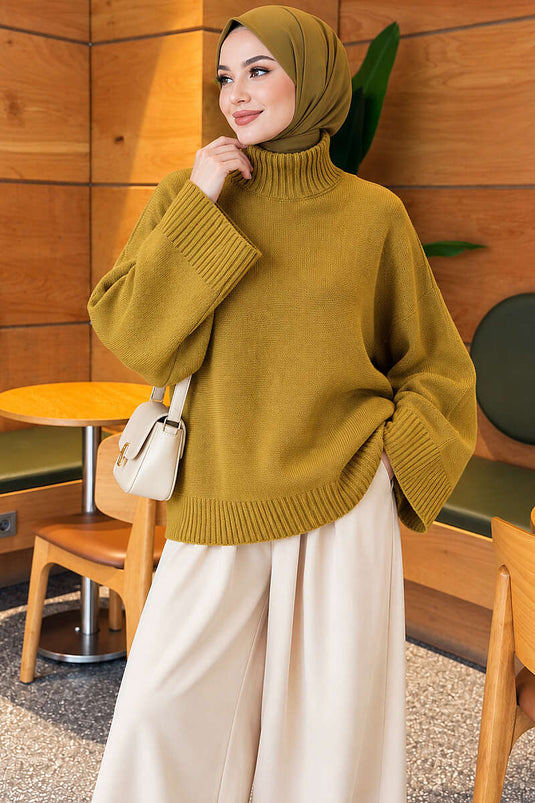 Yarasa Kol Oversize Triko Tunik Yağ Yeşili