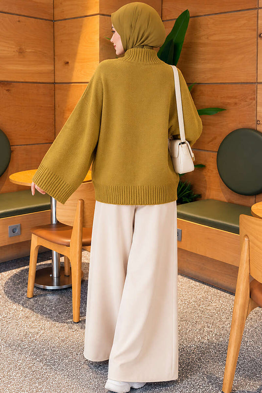 Yarasa Kol Oversize Triko Tunik Yağ Yeşili