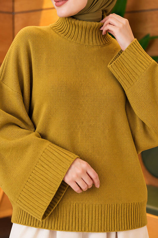 Yarasa Kol Oversize Triko Tunik Yağ Yeşili