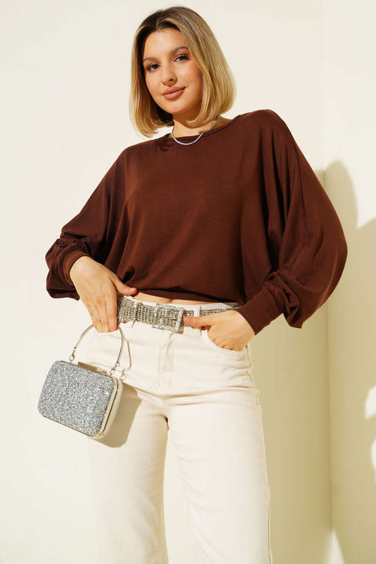 Blusa ampia con maniche a pipistrello color caffè