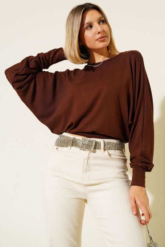 Blusa ampia con maniche a pipistrello color caffè