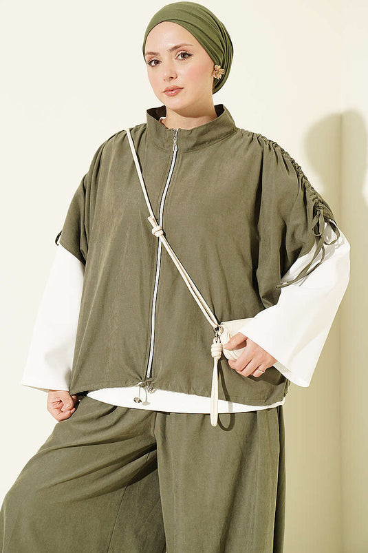 Ensemble Trois Pièces Oversized Manches Batwing Kaki