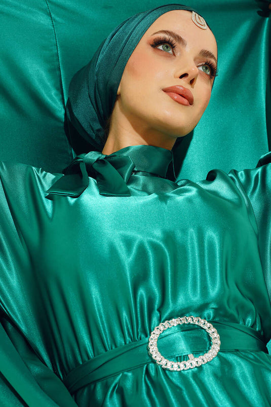 Yarasa Kol Saten Elbise Yeşil