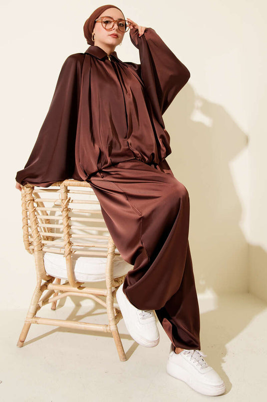 Batwing Sleeve Satin Casual Two Piece Suit Brown