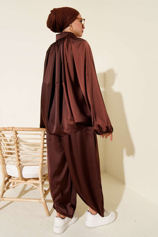 Batwing Sleeve Satin Casual Two Piece Suit Brown