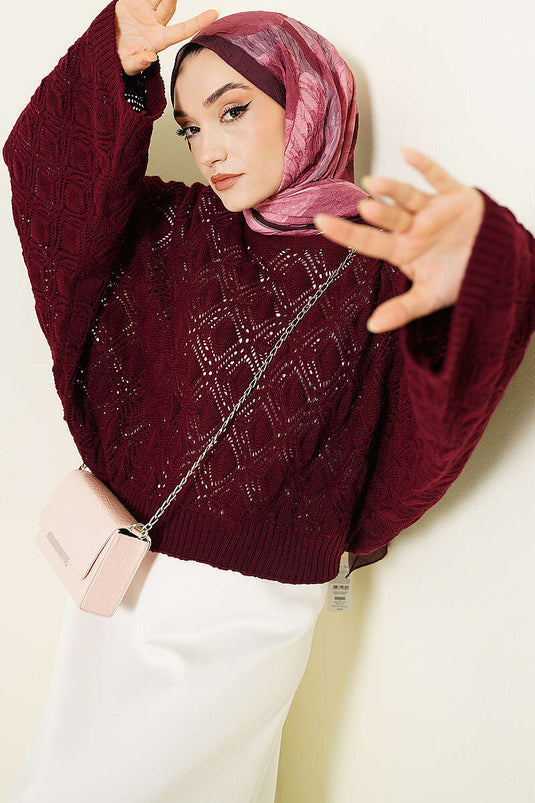 Maglione a manica pipistrello in maglia traforata bordeaux
