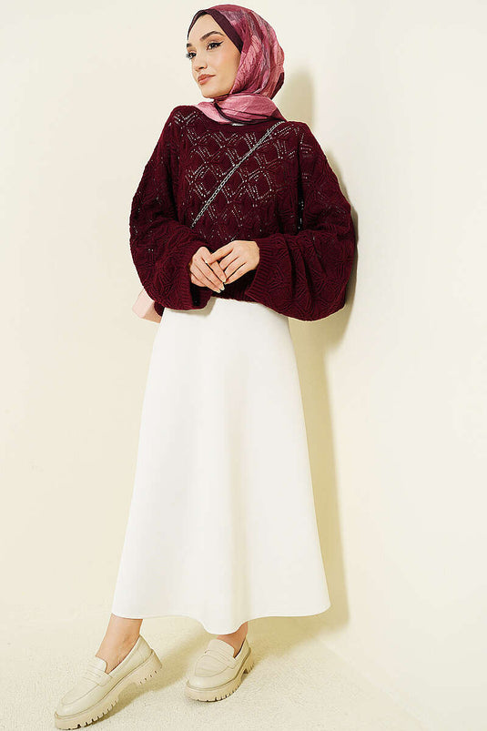 Maglione a manica pipistrello in maglia traforata bordeaux