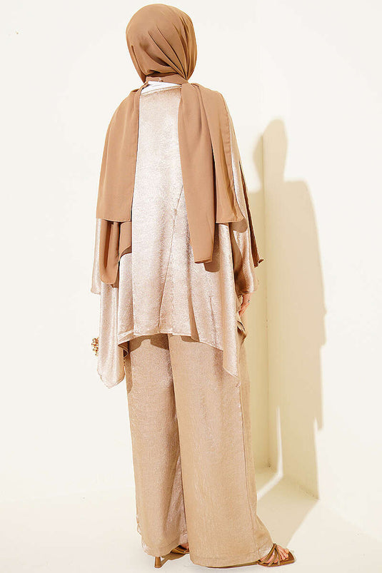Batwing Sleeve V-Neck Satin Two-Piece Set Beige