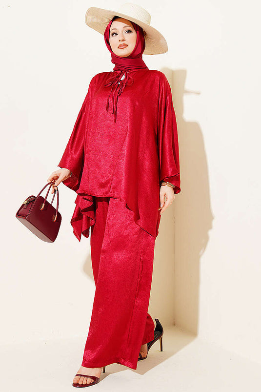 Batwing Sleeve V-Neck Satin Two-Piece Set Burgundy