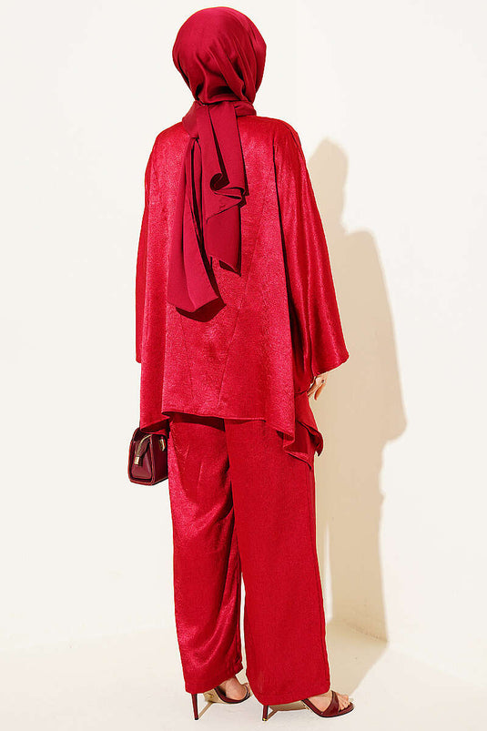 Batwing Sleeve V-Neck Satin Two-Piece Set Burgundy