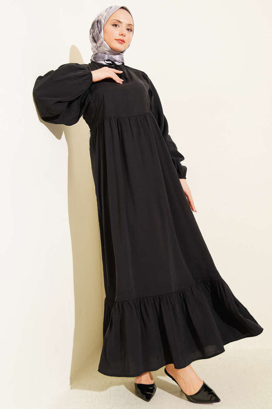 Yarasa Ärmel, Rundhalsausschnitt, Kordelzug Modal Kleid Schwarz