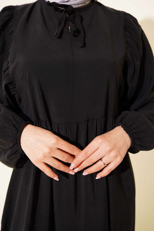 Yarasa Ärmel, Rundhalsausschnitt, Kordelzug Modal Kleid Schwarz