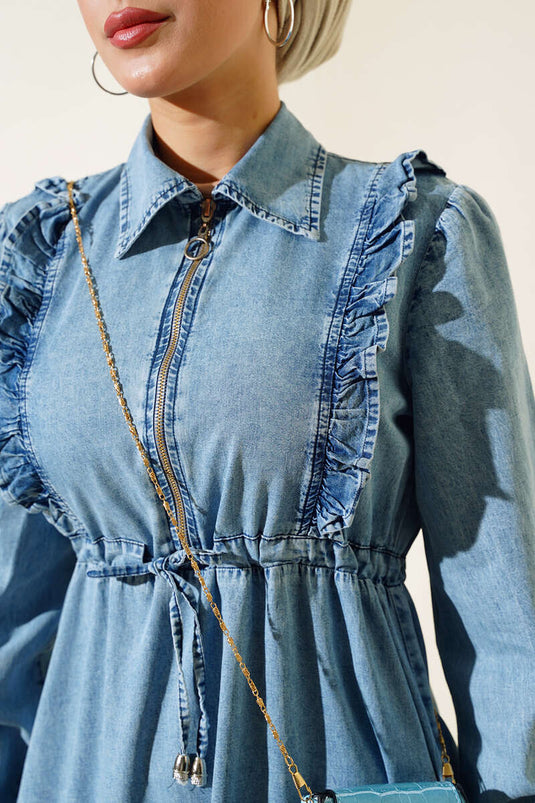 Denim jurk met halve rits Denim blauw